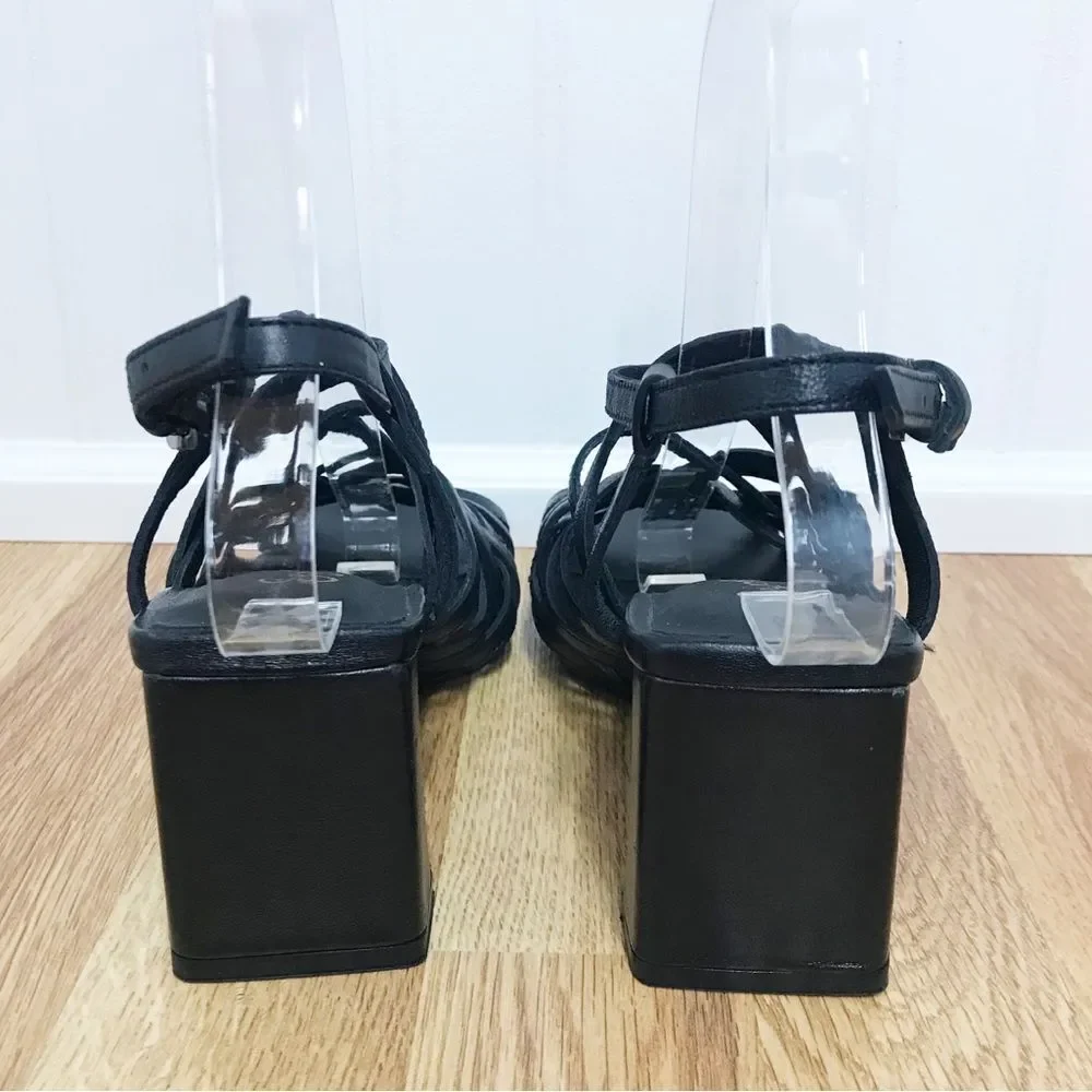 New SEYCHELLES‎ Braided Black Leather Chunky Heel Sandal Strappy Woven Size 6